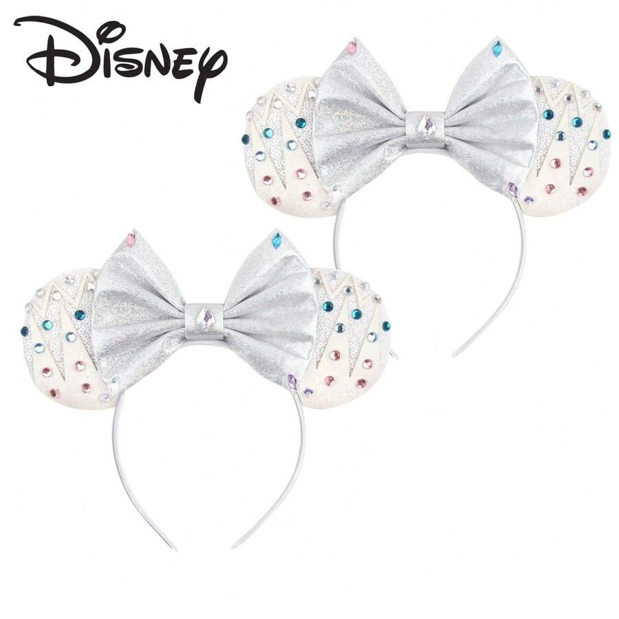 Disney 迪士尼城堡主題髮箍，銀色米奇耳朵配大蝴蝶結與多彩水鑽 - 彩色 - 查看 1
