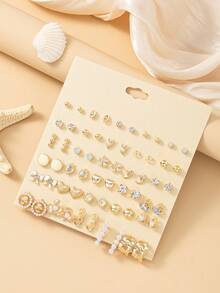Juego de 30 pares de pendientes de botón para mujer, surtido de corazón, flor pequeña, strass, perla falsa, triángulo, pendientes de combinación múltiple, adecuado como regalo festivo para amigos - Amarillo Oro - Ver 1
