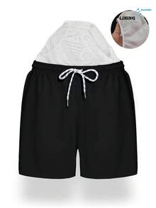 Summer Trees Men's Summer Drawstring Waist Slanted Pocket Hawaiian Quick-Dry Double Layer Mesh Lining Shorts Black Fashion Casual Beach Vacation 3-Inch Shorts Swim Trunks - Black - View 3