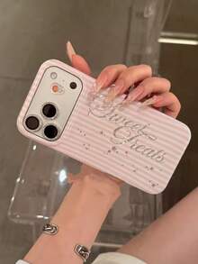 Pink Striped Sequin English Letter Phone Case Compatible With Apple 17 Pro Max, 17 New Model, 16 PM, 15 P, 16 Pro, 15, 17 Pro, Girly Style, Premium, Minimalist, Shockproof, Full Coverage - Pink - View 4