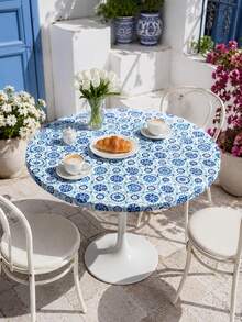 1 pieza-Cubierta de mesa elástica ajustada redonda con estampado de azulejos de porcelana azul, mantel de poliéster elástico con borde elástico, cubierta de mesa lavable de ajuste ceñido para cocina, patio, jardín, comedor, piscina, picnic, uso interior y exterior - Multicolor - Ver 1