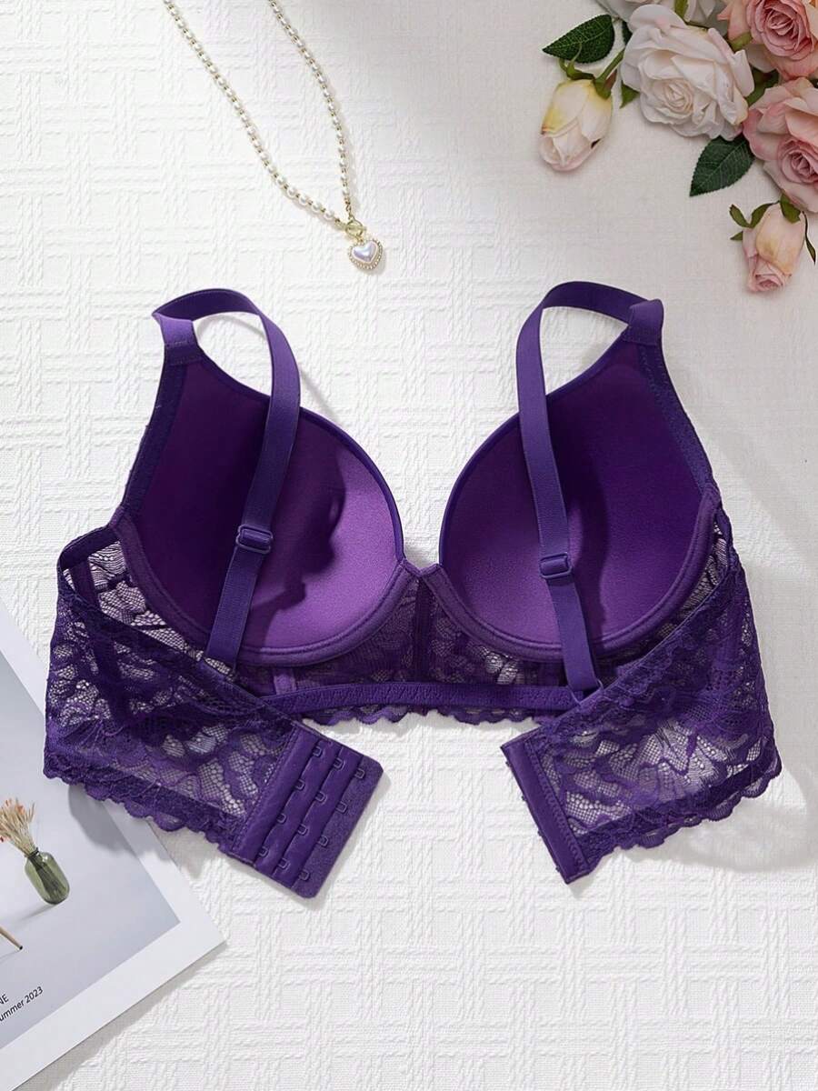 Bra Push-Up Renda Transparan Seksi Wanita, Elastisitas Tinggi, Dukungan Kuat, Nyaman Sepanjang Musim - Purple - View 1