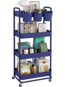3 Tier Plastic Rolling Storage Cart With Extra Hanging Cups Handles Lockable Wheels For Living Room Bathroom Kitchen Office White - Blue - View 1