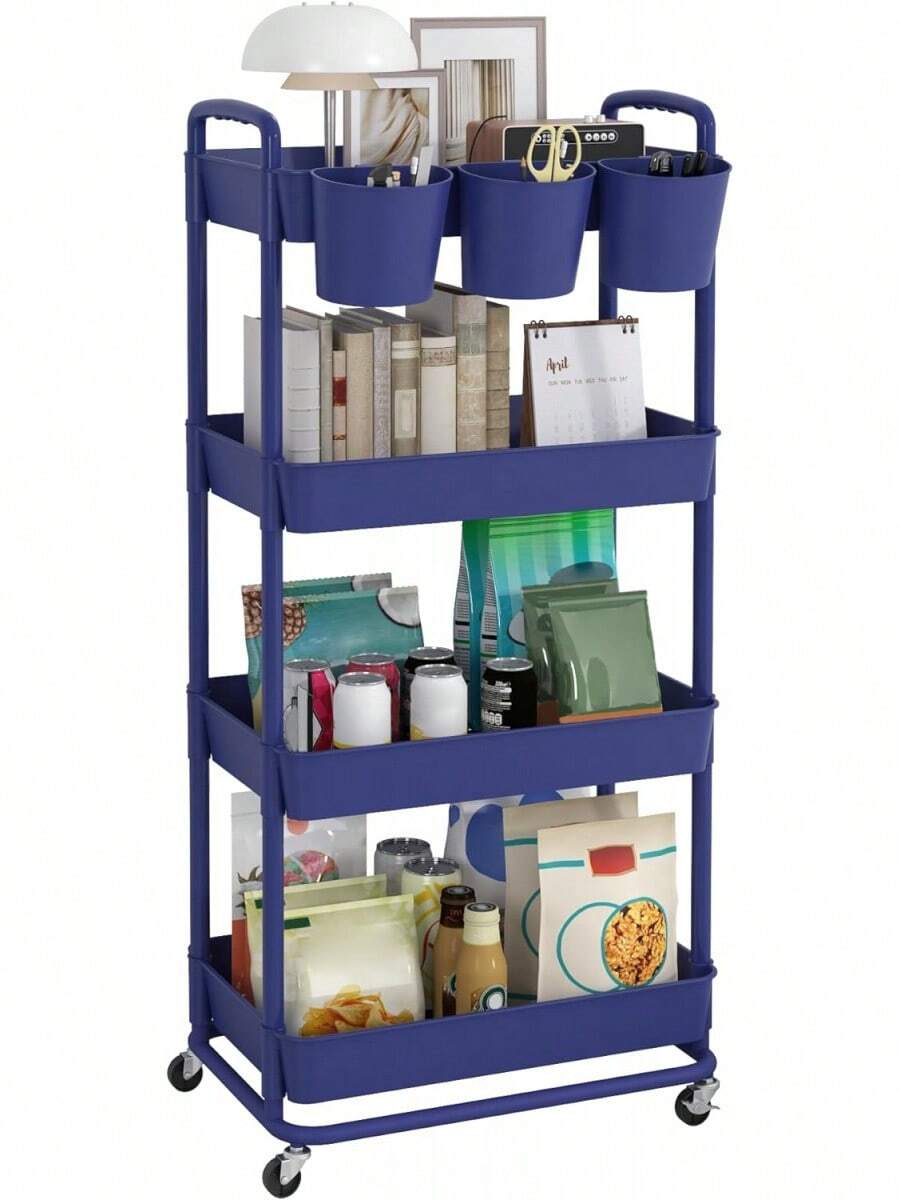3 Tier Plastic Rolling Storage Cart With Extra Hanging Cups Handles Lockable Wheels For Living Room Bathroom Kitchen Office White - Blue - View 1