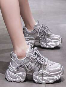 LiangJingJing Zapatillas deportivas de mujer con suela gruesa y strass, nueva colección primavera/otoño 2026, estilo INS, con aumento de altura, para correr y uso casual - Plateado - View 4