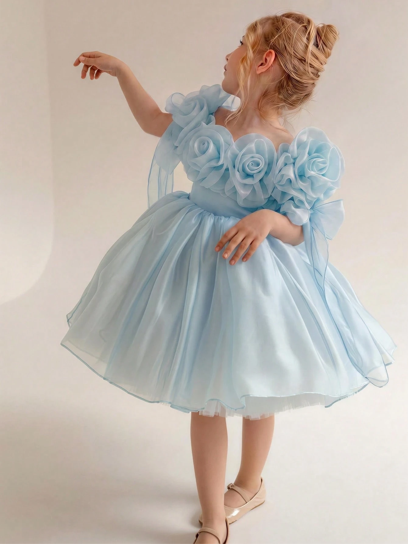 Young Girl 3D Floral Strap Tulle Princess Dress, Suitable For Girls