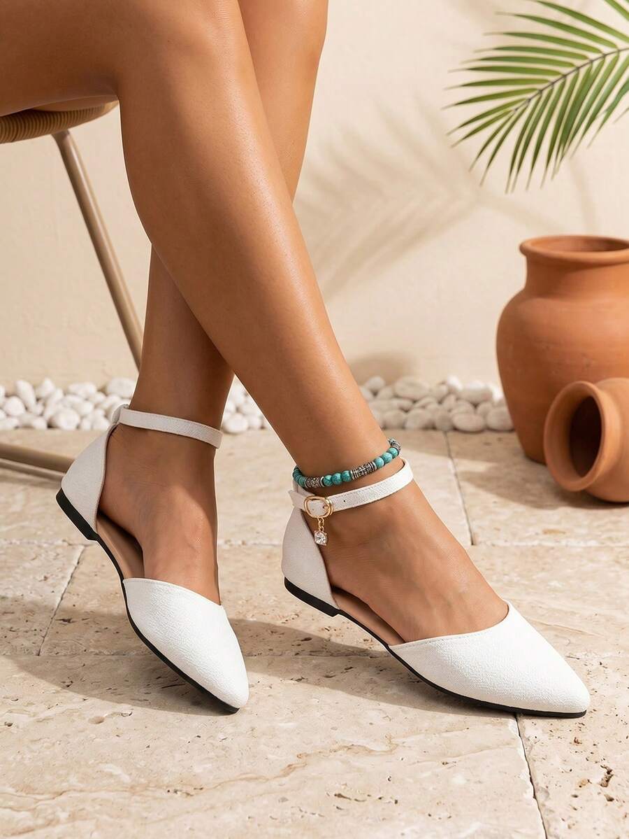 1 Paar spitze Zehen flache geschlossene Zehen Sandalen für Teenager, klassische weiße spitze Zehen Mode vielseitige Schuhe, verstellbares Schnallen-Design mit Strass-Anhänger, geeignet für den täglichen Gebrauch, Urlaub, Einkaufen und Outfit-Kombinationen - Weiss - Übersicht 1