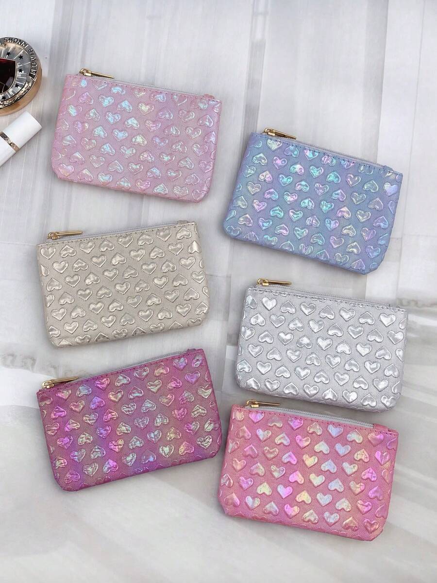 XD Children's Embossed Heart Pattern Mini Cute Minimalist Wallet Earphone Bag Zipper Coin Purse Multifunctional Card Holder Girls Key Bag Wallet Mini Wallet, Suitable For Kids Back To School, Commuting, Travel
