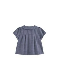 Peter Pan Collar Plaid Short Sleeve Shirt Summer - Navy Blue - View 6