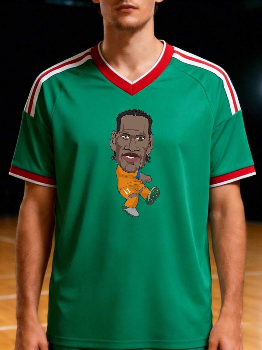 Men's Football Shirt, Didier Drogba Ivory Coast Cartoon - Green - View 1