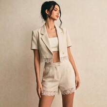 Conjunto elegante de 2 piezas para mujer de verano con blazer corto de manga corta y shorts con ribete de encaje, traje casual de negocios para oficina, salidas, vacaciones y uso diario - Albaricoque - Ver 4