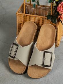 Sandal Datar Kasual Wanita untuk Musim Panas, Dengan Penopang Lengkungan Kaki dan Gesper yang Dapat Diatur, Tahan Aus dan Anti Selip, Sandal Selop Bertali Tunggal dengan Ujung Bulat - Beige Terbalik 1 - View 6