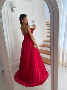 Elegant Women's Long Strapless Dress, A-Line Silhouette, With Draping At The Waist, Ideal For Prom Or Parties. - 紅色 - 查看 3