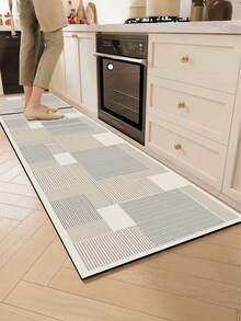 1pc Light Gray Geometric Patchwork Striped Diatomaceous Earth Kitchen Mat, Absorbent Cushioning Anti-Fatigue Home Carpet, 3.5mm Customizable Cut, Kitchen Bathroom Entryway Home Decor Universal Rug - Multicolor - View 2