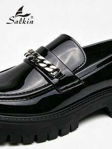 Salkin 男士復古設計師樂福鞋套腳式鏈條裝飾，黑色漆皮亮面圓頭男士皮鞋，優雅紳士商務休閒社交鞋，男士日常辦公派對婚禮風格新郎鞋，適合情侶約會浪漫晚餐節日禮物返校學生鞋，學院風四季適用，請選擇大一號 - 黑色 - 查看 5