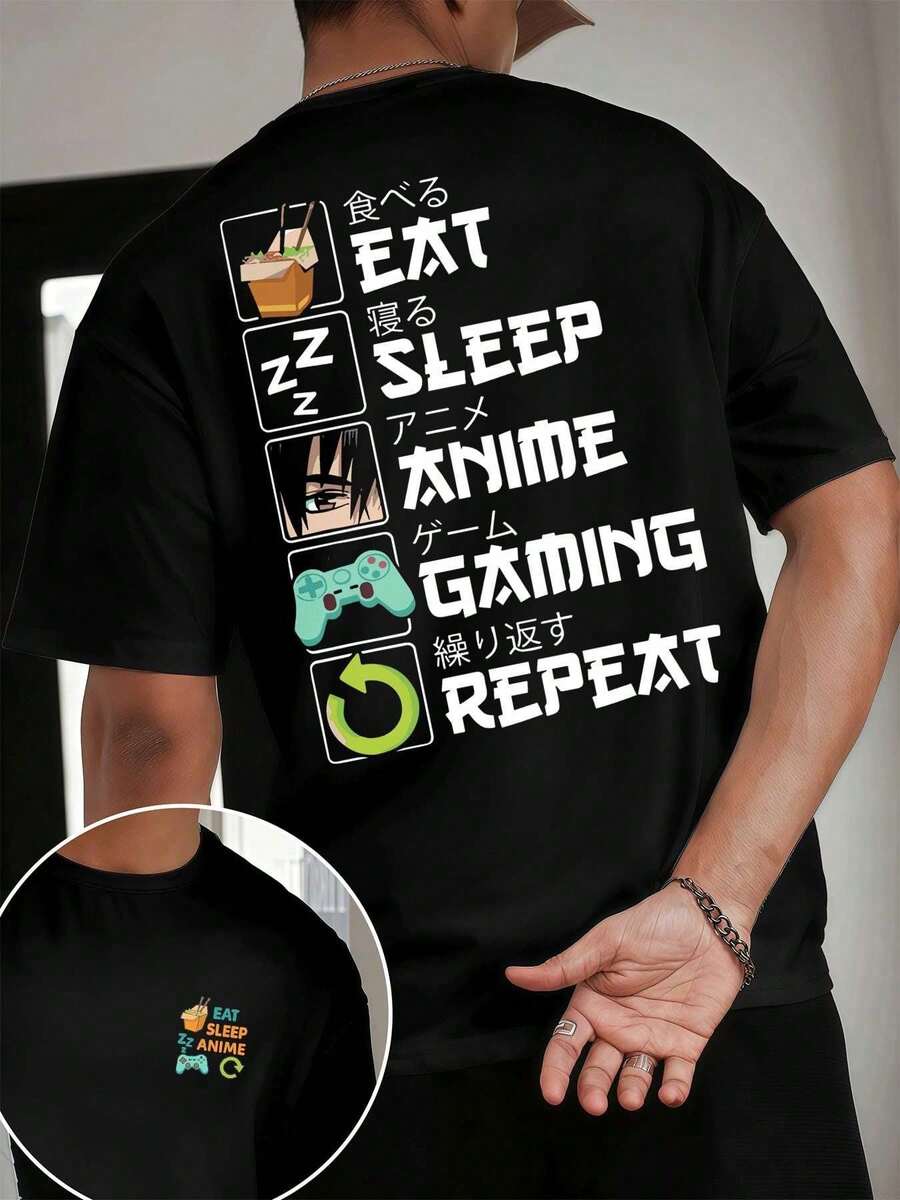 Eat, Sleep, Anime, Games, Repeat, Premium Timeless Vintage Clothing, Anti-Shrink, Double-Sided Printed Cotton Blend - Black - View 1