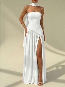 Solid Color Elegant Cape Detail Wedding Strapless Dress - White - View 7
