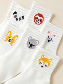 3 Pairs Randomly Shipped Cute Animal White Mid-Calf Socks, Soft Skin-Friendly Socks For Girls Spring/Summer School Casual Wear - Multicolor - View 4