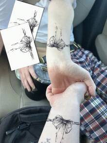 2pcs Temporary Tattoo Stickers With Bow Patterns. Sketch Style, Ideal For Arms And Spine/Back. Non-Reflective With Realistic Tattoo Effect. Great For Daily Use, Lasts 7-15 Days. - Black - View 1