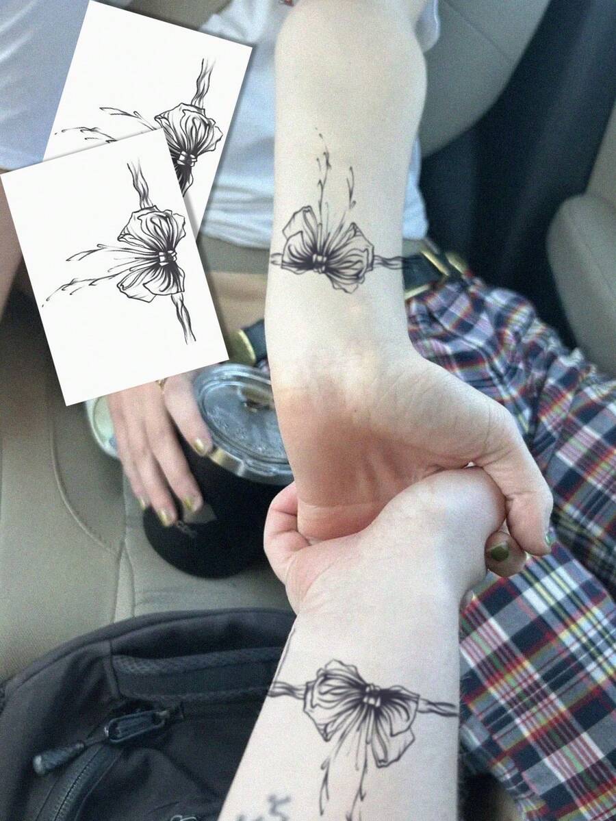 2pcs Temporary Tattoo Stickers With Bow Patterns. Sketch Style, Ideal For Arms And Spine/Back. Non-Reflective With Realistic Tattoo Effect. Great For Daily Use, Lasts 7-15 Days. - Black - View 1