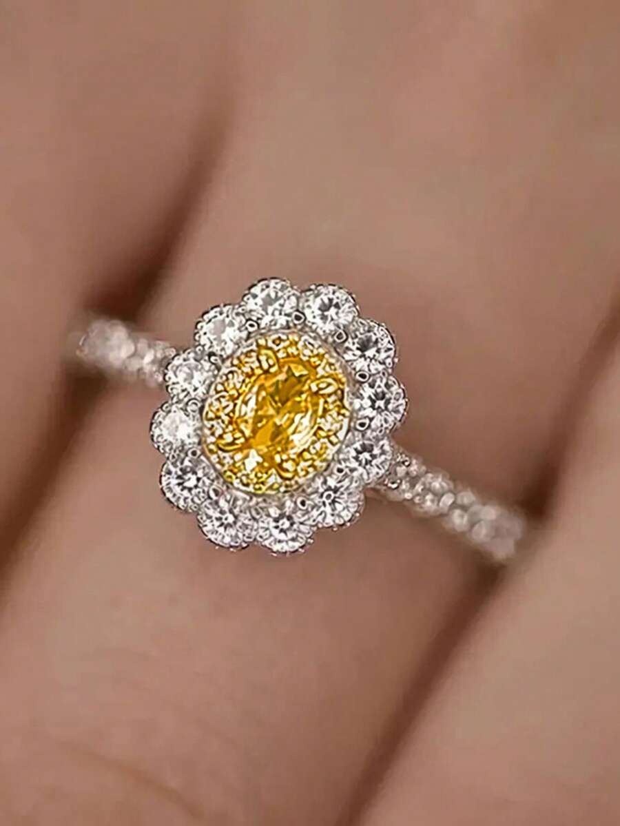 1 Stück eleganter kubischer Zirkonia Ring, geeignet für Frauen zum Tragen, geeignet für Hochzeit, Verlobung, Jahrestagsparty, Valentinstag Geschenk - Gelb - Übersicht 1