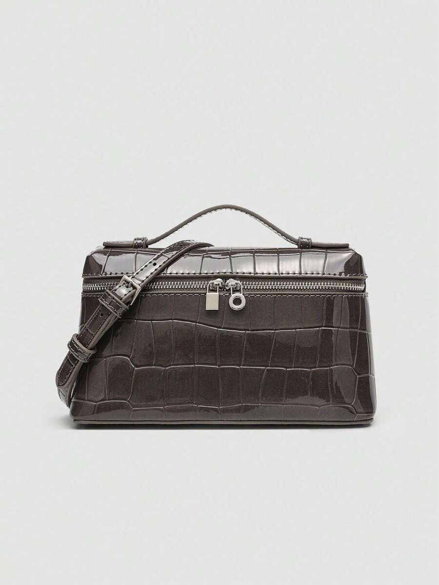 1 pieza Bolso cruzado cuadrado de PU con textura de piedra de unicolor, adecuado para el uso diario de moda de las mujeres, salidas, compras, fiestas, bolso elegante de mujer, bolso - Marfil - Ver 1