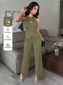 Women Denim Dresses - Olive Green - View 1