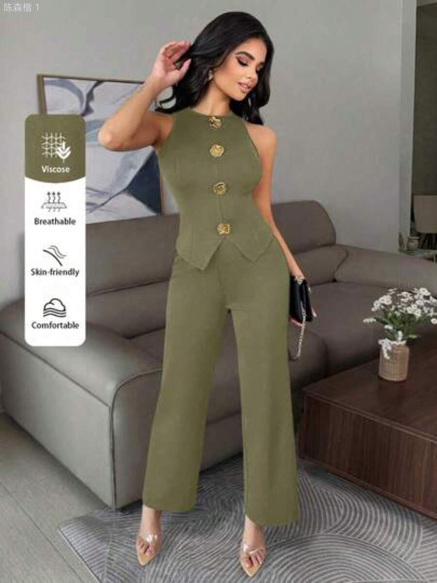 Women Denim Dresses - Olive Green - View 1
