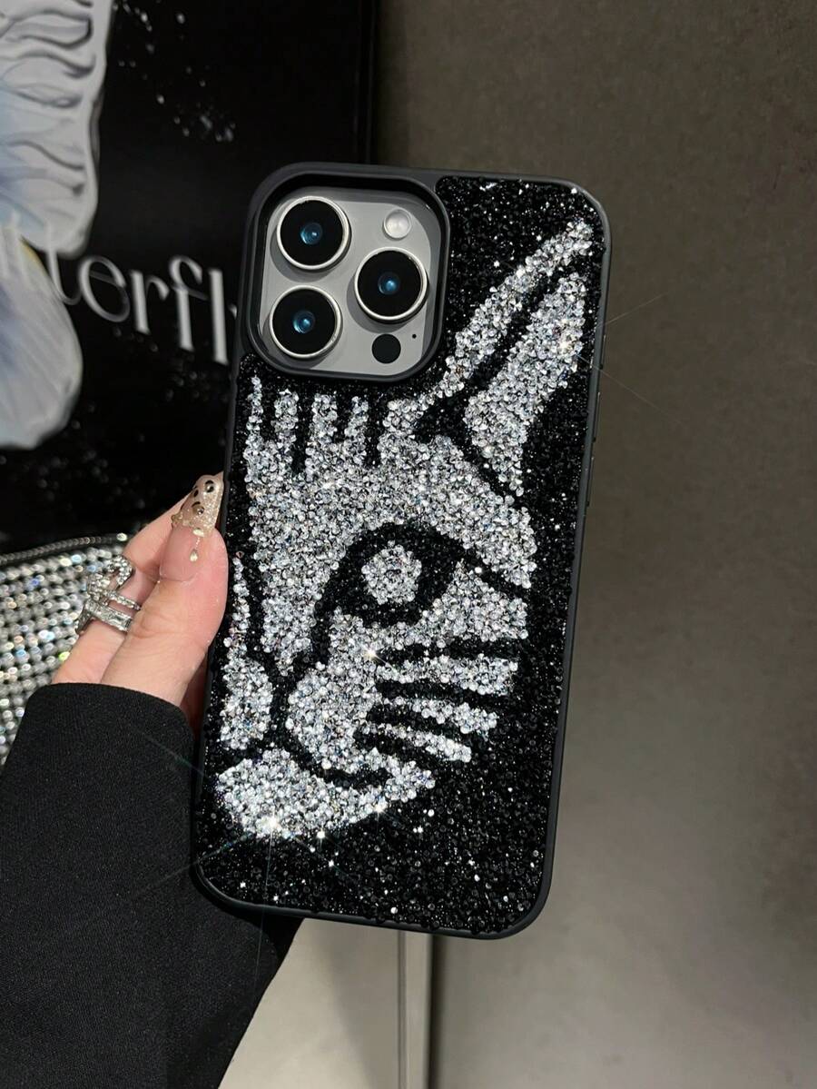 1 pieza Funda de teléfono 2 en 1 con cabeza de gato plateada, tacto de piel, con strass, a prueba de golpes, compatible con 15promax/17promax