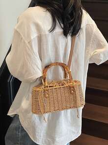 Minimalist Solid Color Straw Woven Bag, Niche Design Premium Texture Handbag, Versatile Popular Retro Crossbody Bag, Suitable For Vacation - Khaki - View 5