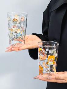 1個春季小/大號玻璃杯，韓系可愛Ins風高溫烘花手持玻璃杯，貓/狗/多色圖案，適合夏季冷萃、抹茶椰奶 - 彩色 - 查看 8