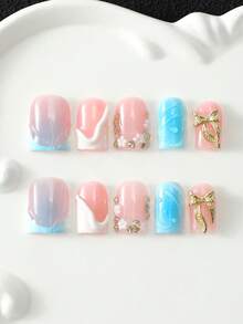 10 Pcs Handmade Multi-Layer Gel Press On Nails, French Short Square Acrylic Fake Nails With 3D Gold Bow, Flower & Rhinestone Decoration, Reusable Removable Hand-Painted Nail Kit, Long-Lasting Not Easy To Fall Off, Y2K Sweet Cool Style - Multicolor - View 2