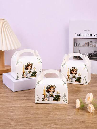 12 cái/24 cái Hộp quà tặng Rước lễ lần đầu cho bé gái, Hộp quà hình mái nhà in hoa trắng & thánh giá, Hộp quà tặng tiệc Rửa tội/Lễ rửa tội