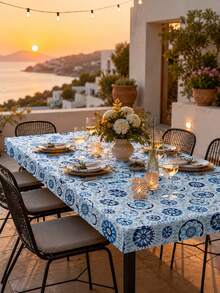 1 pieza-Cubierta de mesa elástica ajustada redonda con estampado de azulejos de porcelana azul, mantel de poliéster elástico con borde elástico, cubierta de mesa lavable de ajuste ceñido para cocina, patio, jardín, comedor, piscina, picnic, uso interior y exterior - Multicolor - Ver 7