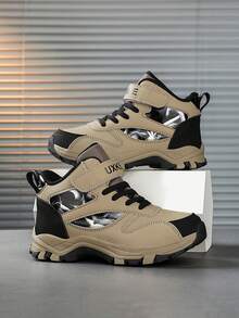 1 Pair Kids' Mid-To-Large Size High-Top Hiking Shoes, Outdoor Sports Shoes With Anti-Slip Wear-Resistant Sole, Hook-And-Loop Closure, Secure Fit, Leather Upper, All-Season Casual Shoes For Boys And Girls, Suitable For Daily Outdoor Activities, School, And Fashionable Casual Wear - Khaki - View 12