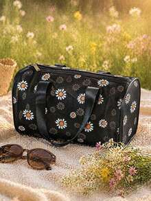 1pc Square Expanded Large Capacity Breathable Mesh Storage Bag, Lightweight Dirt-Resistant Mesh Fabric Tote, Minimalist Retro Niche Style, Pure Black Mesh With White Daisy Print, Full-Length Zipper Closure, Wide Webbing Handle, 3D Body Shape, Fitness Swimming Makeup Organizer - Multicolor - View 4