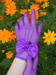 1 Pair Kids Lace Hollow Bow Princess Gloves (Suitable For Party And Holiday Events) - Dark Purple - View 1
