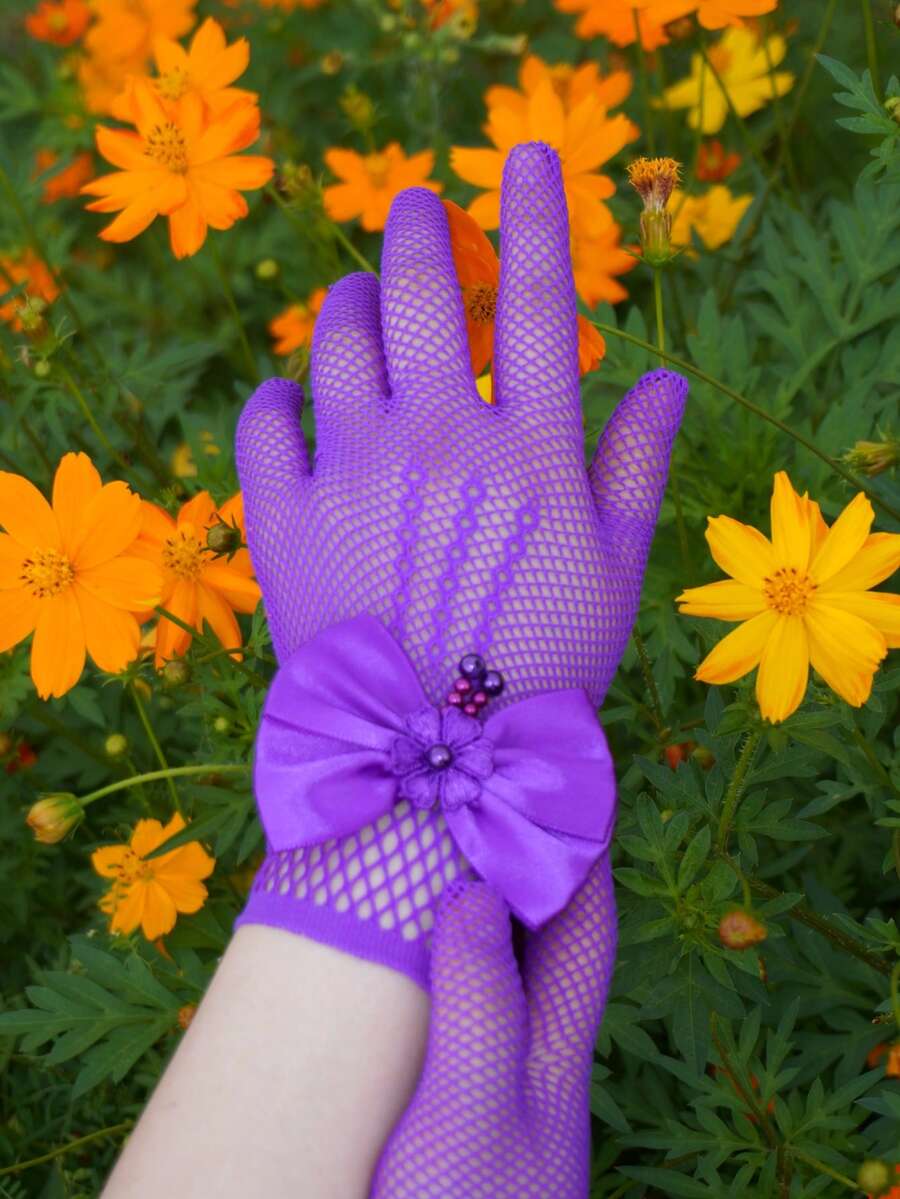 1 Pair Kids Lace Hollow Bow Princess Gloves (Suitable For Party And Holiday Events) - Dark Purple - View 1