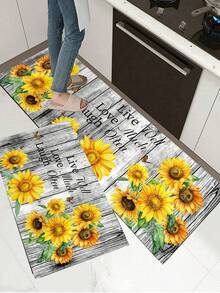 1pc Wood Grain Sunflower Kitchen Rug And Mat, Sunflower Kitchen Mat And Grey Wood Grain Floor Rug, Can Be Placed In Front Of Sink, Used For Standing Kitchen Decor - Multicolor - View 3