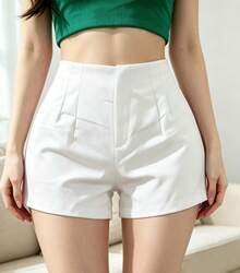 HONGDA VARIEDADES New Women's Tailored Shorts With Zipper On The Left, No Pockets. - White - View 1