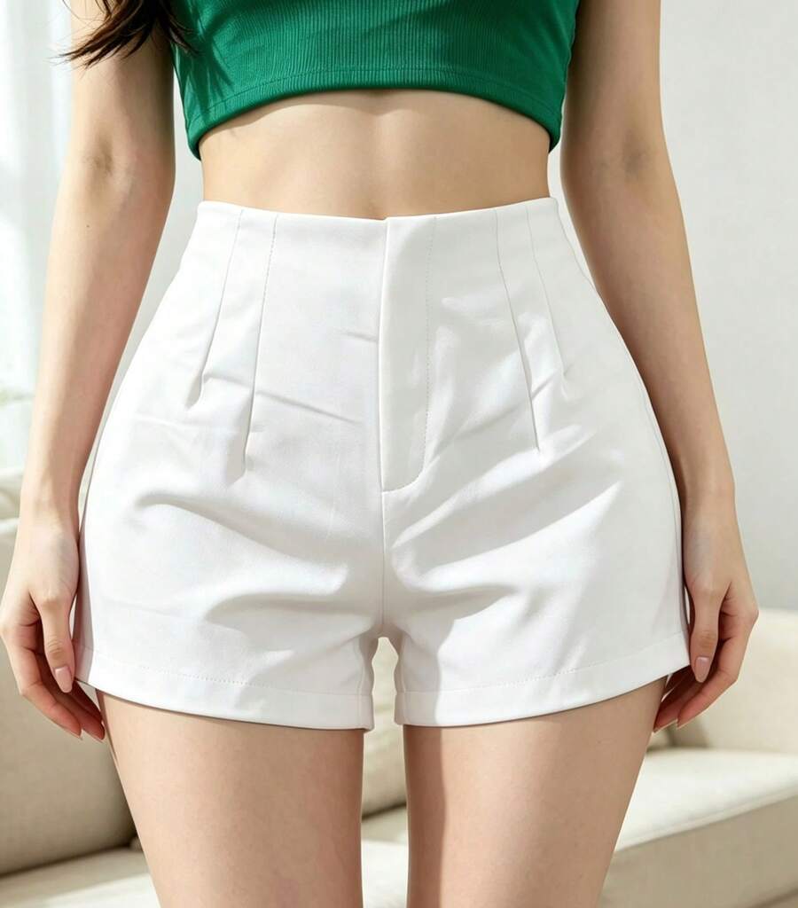 HONGDA VARIEDADES New Women's Tailored Shorts With Zipper On The Left, No Pockets. - White - View 1