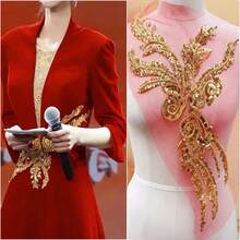 1件金色亮片刺繡蕾絲貼花重工鳳凰設計婚紗禮服舞台裝飾貼布 - 亮片補丁 - 查看 6