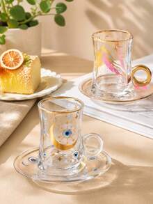 DearDali 1組波希米亞風玻璃茶杯，金邊、惡魔之眼與羽毛印花，鏤空環形手柄，附完整托盤，理想的齋月開齋節禮物，適合日常下午茶使用 - 彩色 - 查看 3