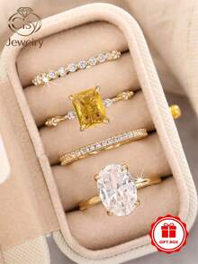 Bộ 4 chiếc nhẫn vuông đính đá Zirconia kèm hộp quà, thích hợp làm quà tặng cho nữ nhân dịp đám cưới, lễ đính hôn, kỷ niệm, tiệc tùng, quà Valentine. - 1 # - Xem 1
