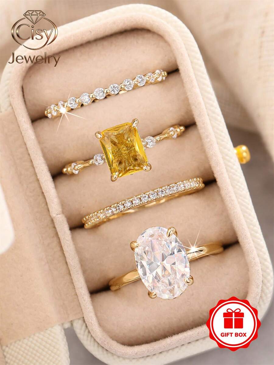Bộ 4 chiếc nhẫn vuông đính đá Zirconia kèm hộp quà, thích hợp làm quà tặng cho nữ nhân dịp đám cưới, lễ đính hôn, kỷ niệm, tiệc tùng, quà Valentine. - 1 # - Xem 1