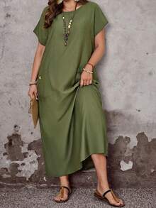 Vestido casual de manga corta con cuello redondo y bolsillo para mujer talla grande, primavera - Verde militar - Ver 4