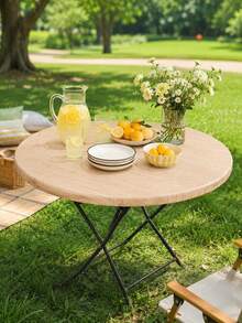 1pc-Natural Wood Grain Round Elastic Fitted Table Cover, Simple Farmhouse Stretch Polyester Tablecloth With Elastic Edge, Washable Snug Fit Table Cover For Outdoor Dining, Picnic, Camping, Garden Patio Decor - Multicolor - View 4