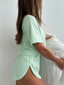 2pcs/Set Minimalist Contrast Stripe Casual Loose Knit Long Sleeve Top With Side Slit & Shorts Loungewear Set, Suitable For Home Use - Mint Green - View 4