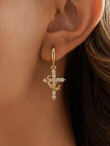 CHICAT Anting Liontin Salib Unisex dengan Batu Zirkonia Kubik Bertatahkan Batu; Anting Huggie Gaya Hip-Hop/Religius/Gothic - Hadiah yang Bergaya dan Unik - Emas - View 3
