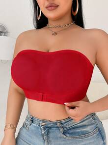 1pc Sexy Front Closure Plus Size Bandeau Bra, Push-Up Side Support Seamless Strapless Red Bra - Red - View 5
